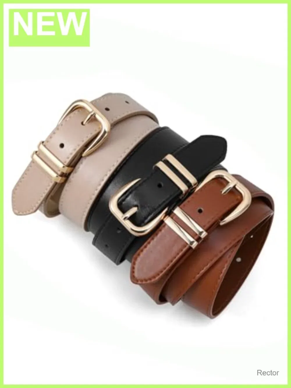 Women's Faux Leather Waist Belt with Gold Buckle, Double Metal Rings, Minimalist